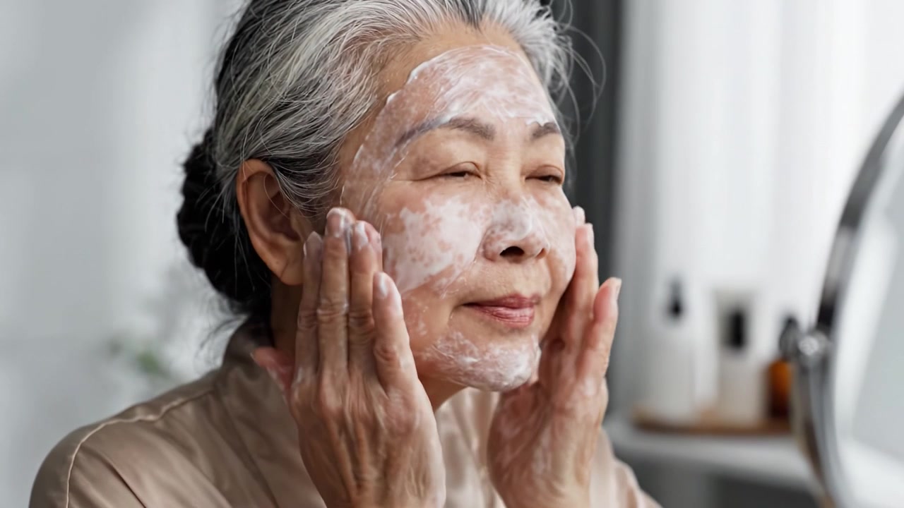 Aging Gracefully: A Woman's Skincare Routine Showcasing the Joy of Self-Care Through Cleansing and Moisturizing With Gentle Products for Radiant Skin