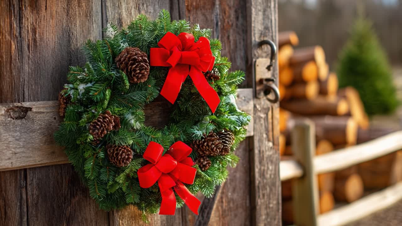 En vakkert dekorert julekrans pyntet med kongler og knallrøde sløyfer, perfekt plassert mot en rustikk låvedør i tre med tømmerstokker i bakgrunnen
