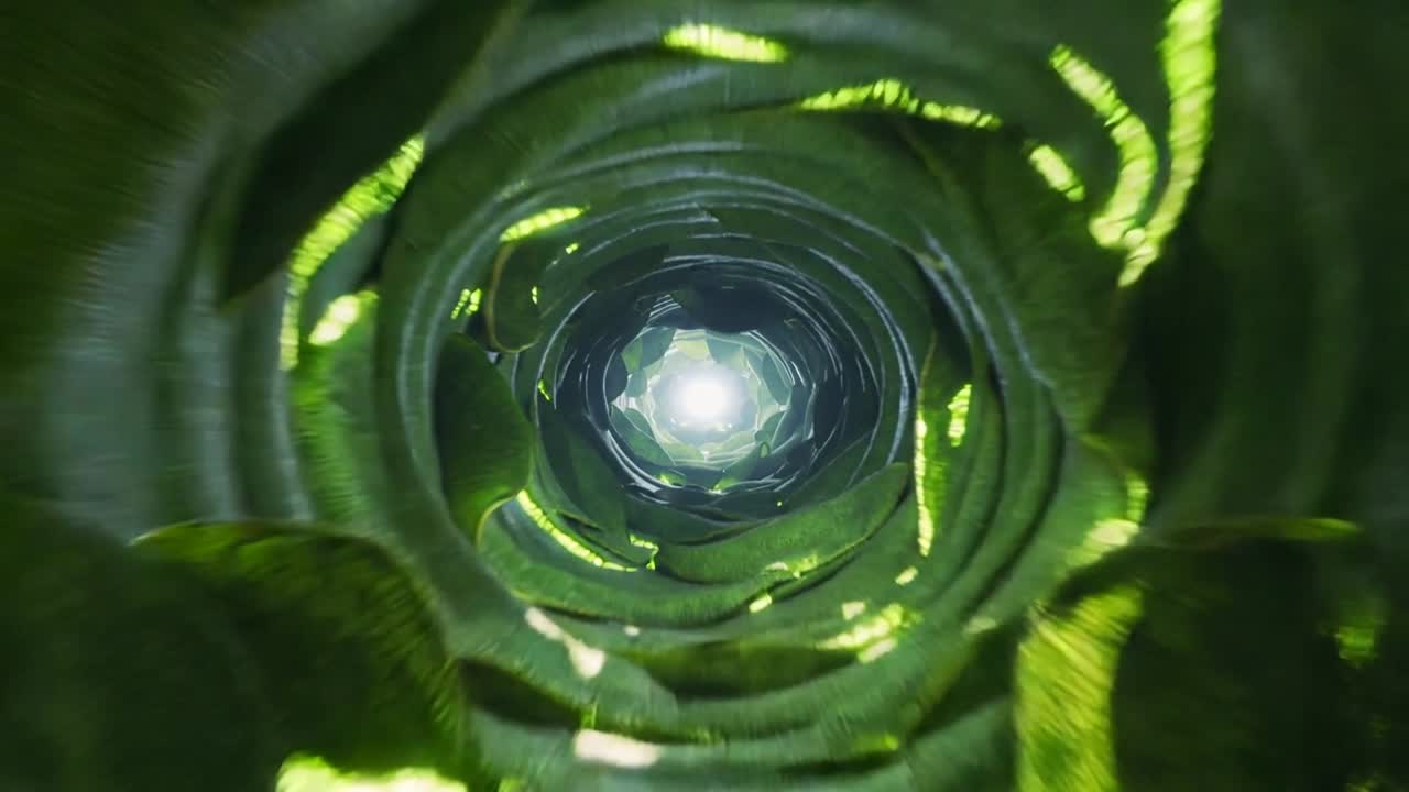 Ein sich bewegender Blickpunkt durch einen blättrigen Spiraltunnel in der Mitte, der abgelöste Blätter und einen hellen Lichtball enthüllt.