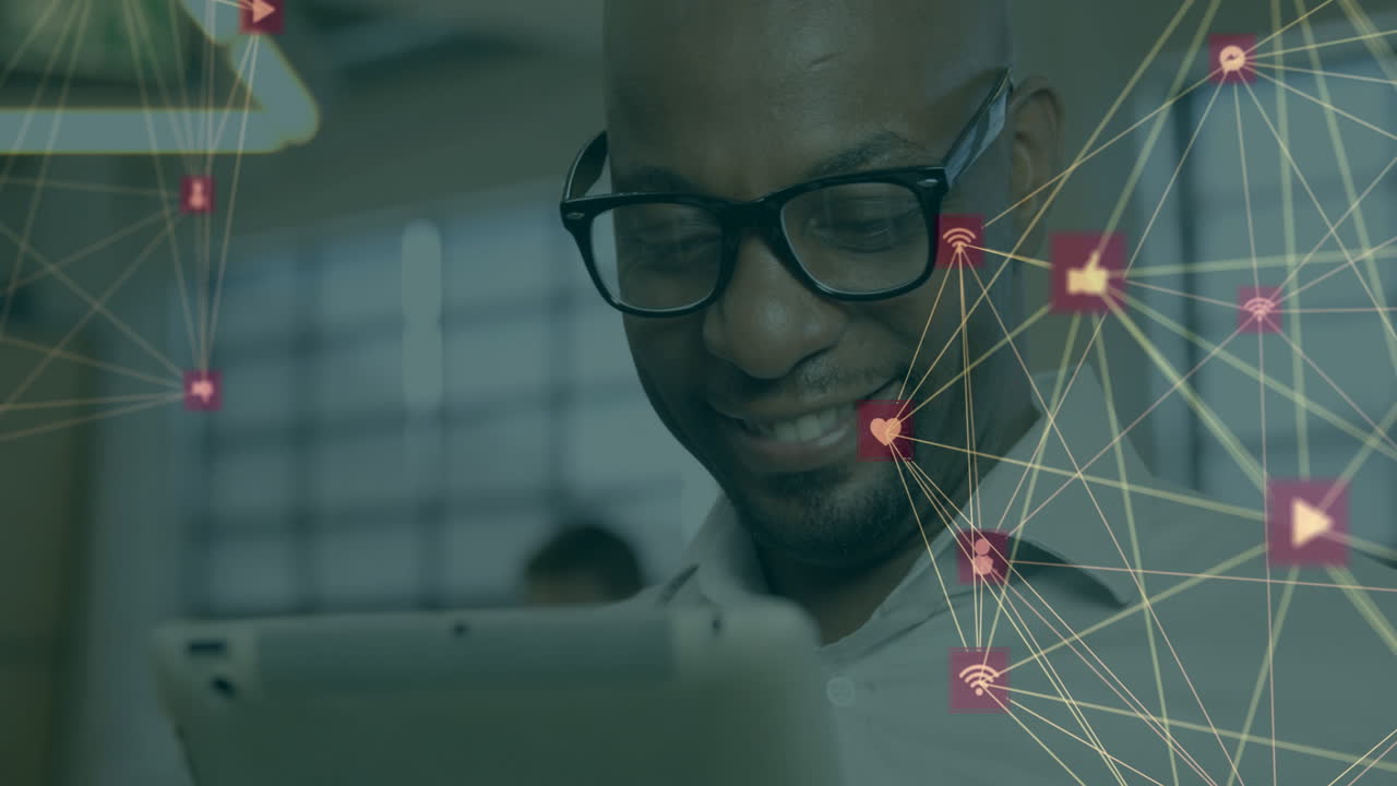 Using tablet with animation of digital network icons, person smiling