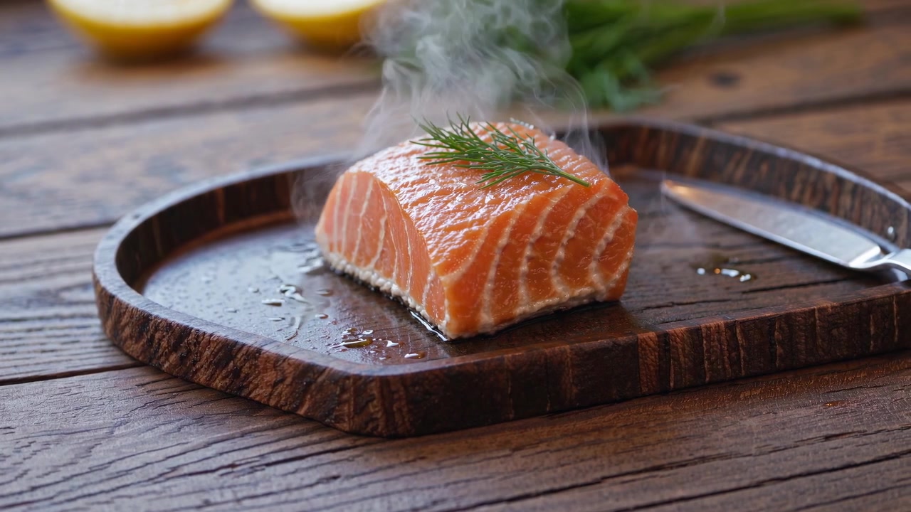 Filetto di salmone fresco e fumante su tagliere di legno rustico