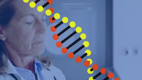 Animation-Eines-DNA-Strangs-über-Einem-Arzt,-Der-Durch-Das-Fenster-Schaut