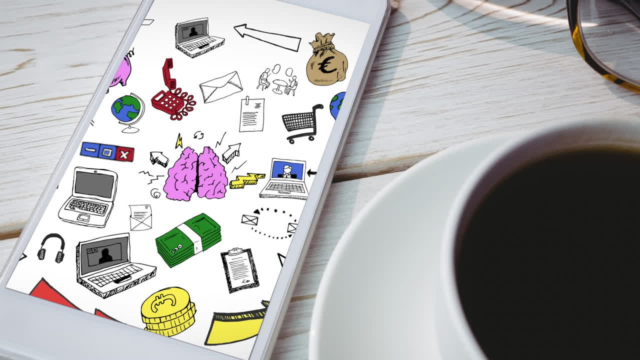 animación del procesamiento de datos financieros sobre iconos comerciales en la pantalla del teléfono inteligente.