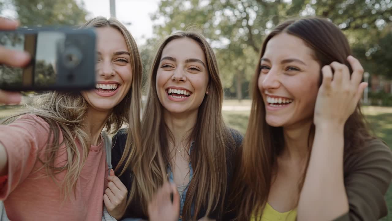 Braccio che estende lo smartphone, tre donne che si appoggiano l'una all'altra e ridono al parco, mentre scattano un selfie.