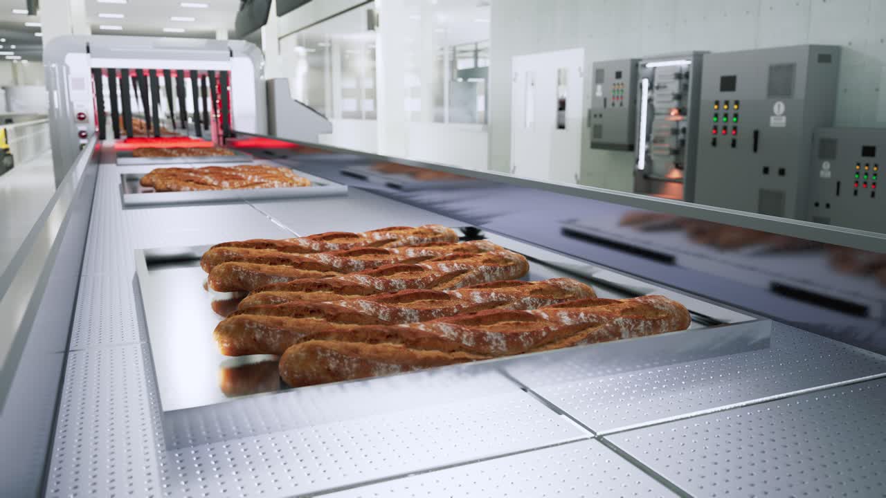 Producing Fresh Bread In An Automated Production Line Conveyor Belt