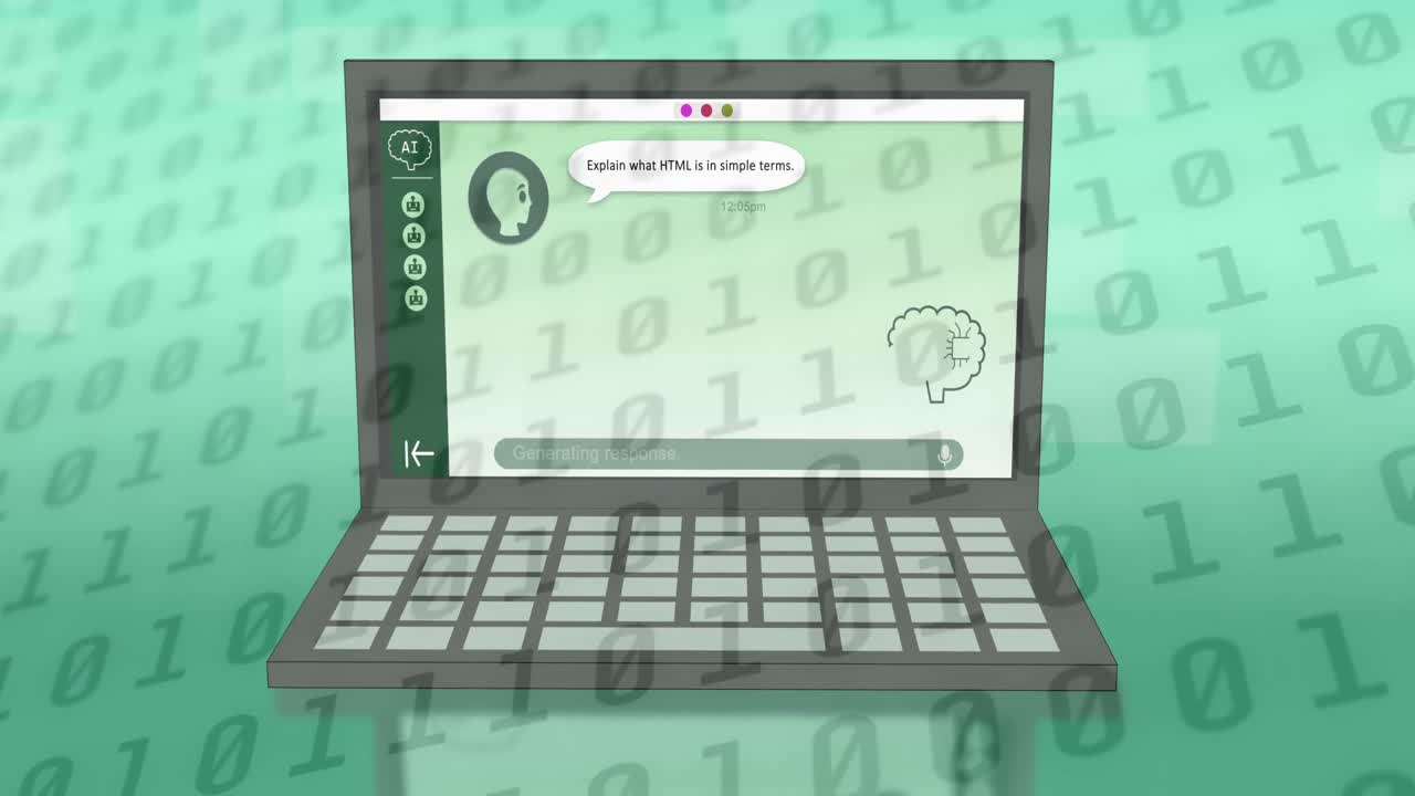 animación de datos de ia, chat e iconos en la pantalla del portátil y codificación binaria