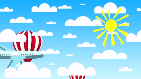 4k 3d animation of a bright blue sky with the sun and paper clouds, an airplane and balloons. travel, vacation concept.