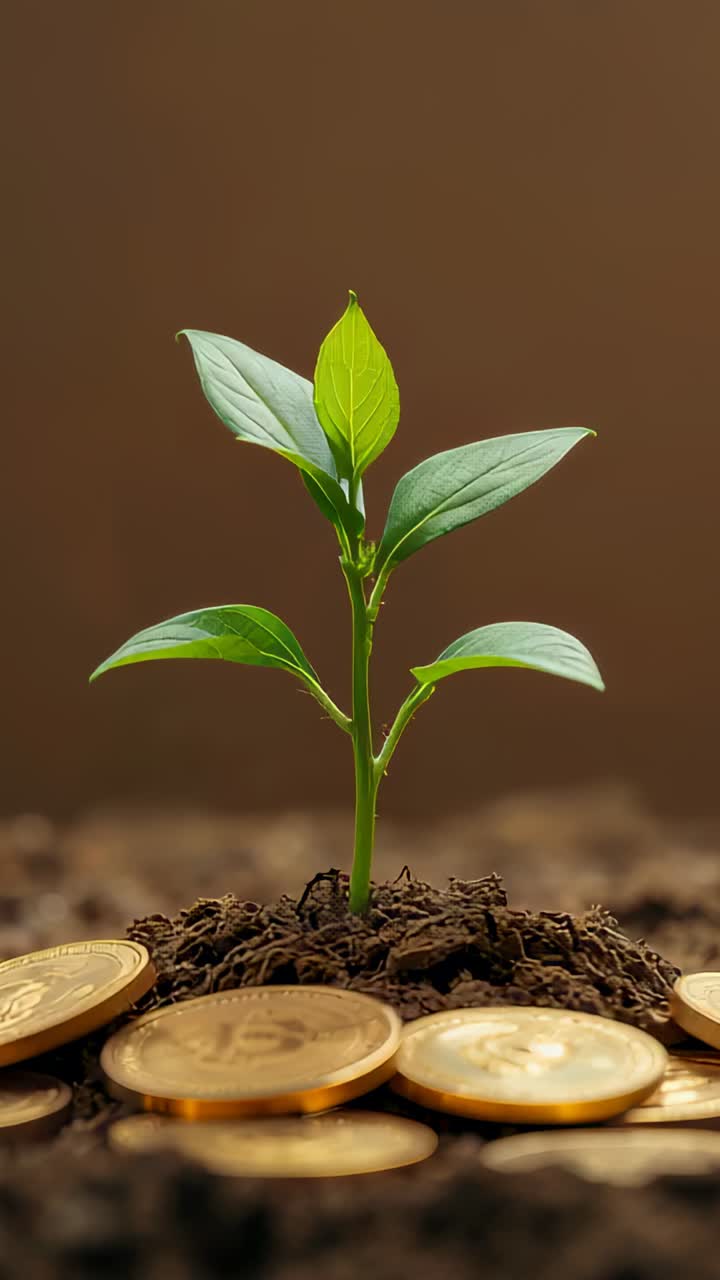 Vertical video: Camera shifting, green seedling growing from soil on tabletop with gold coins