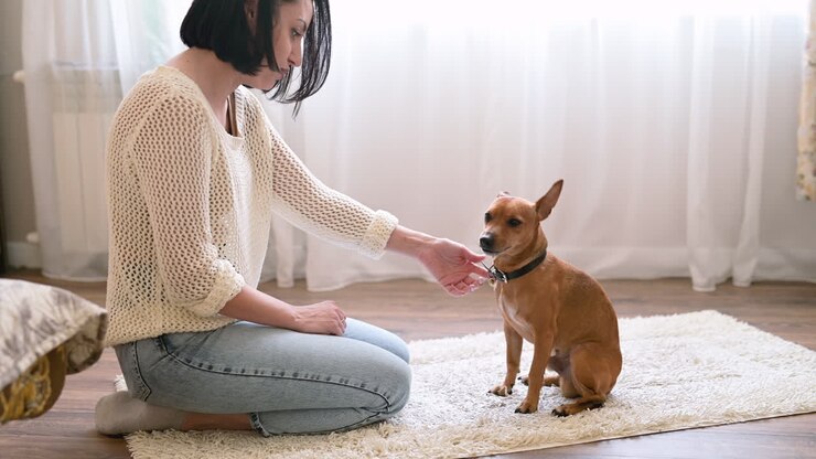 Donna mora in ginocchio sul tappeto nel soggiorno, il suo cane le lecca la mano