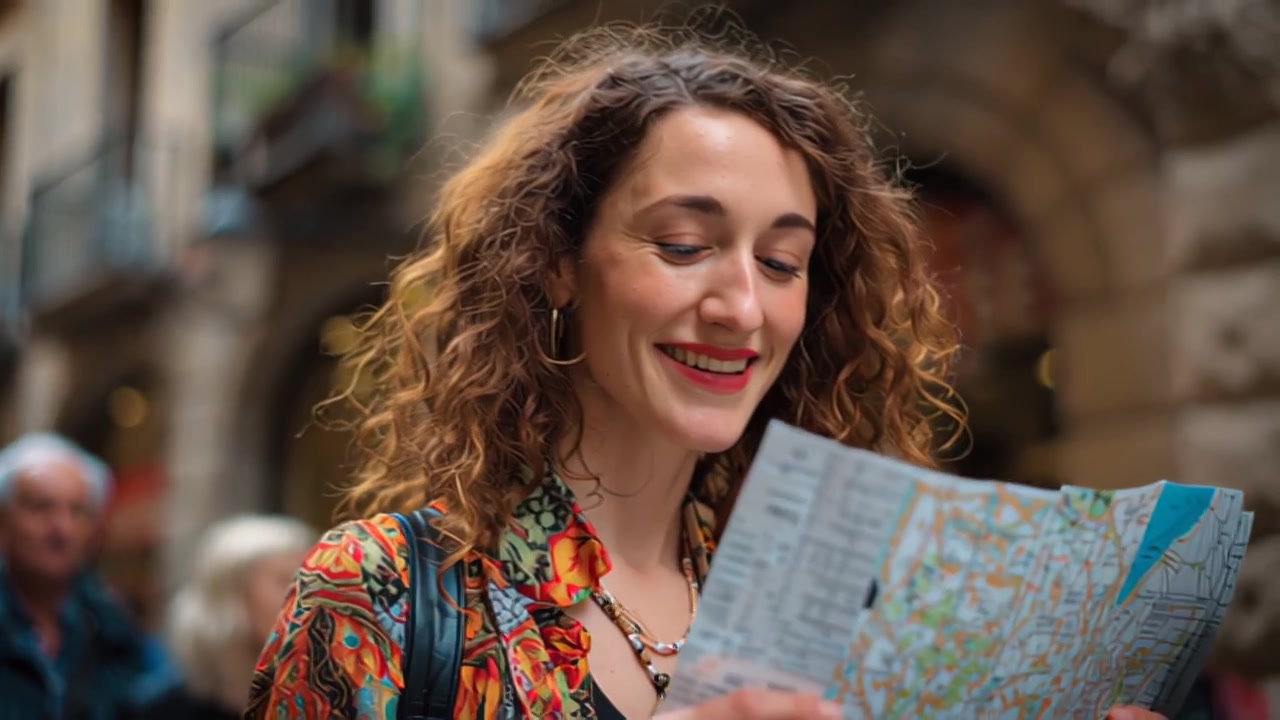 Close-up footage of a cheerful young woman traveler with curly hair holding a paper map on a busy old town street, exploring a European city on a sunny day