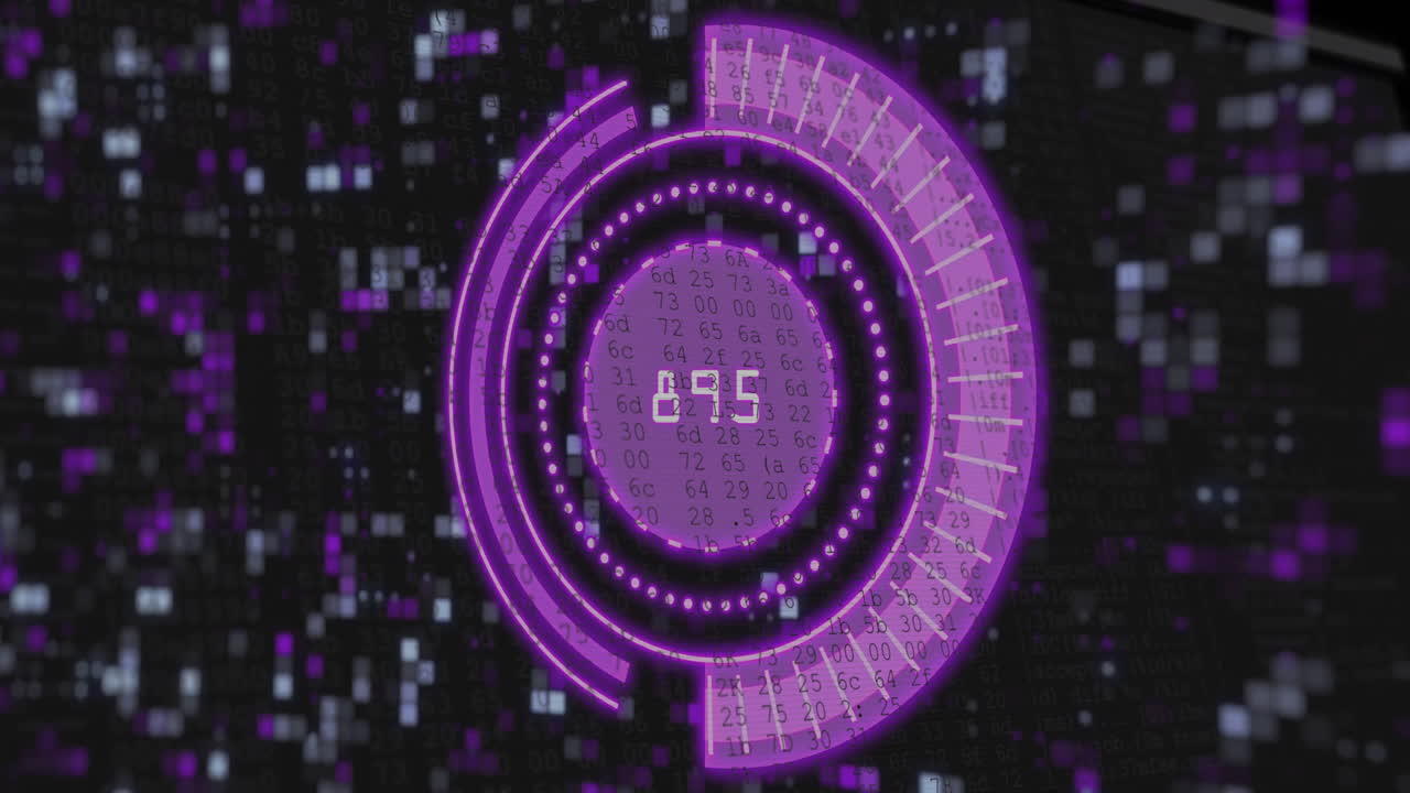 Digital countdown animation with purple circular progress bars on pixelated background