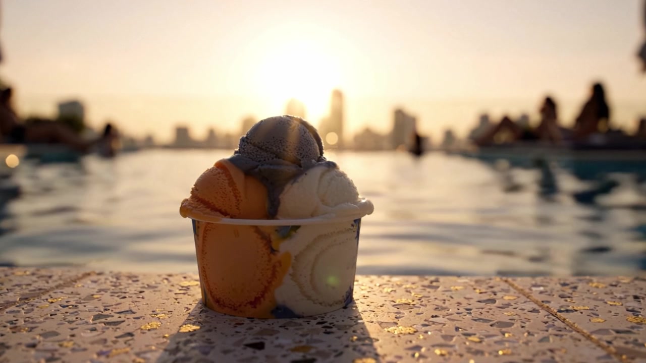 Deliziosa coppa di gelato contro un bellissimo tramonto su una piscina con uno sfondo di skyline cittadino, che cattura un'atmosfera estiva gioiosa e dolcetti rinfrescanti.