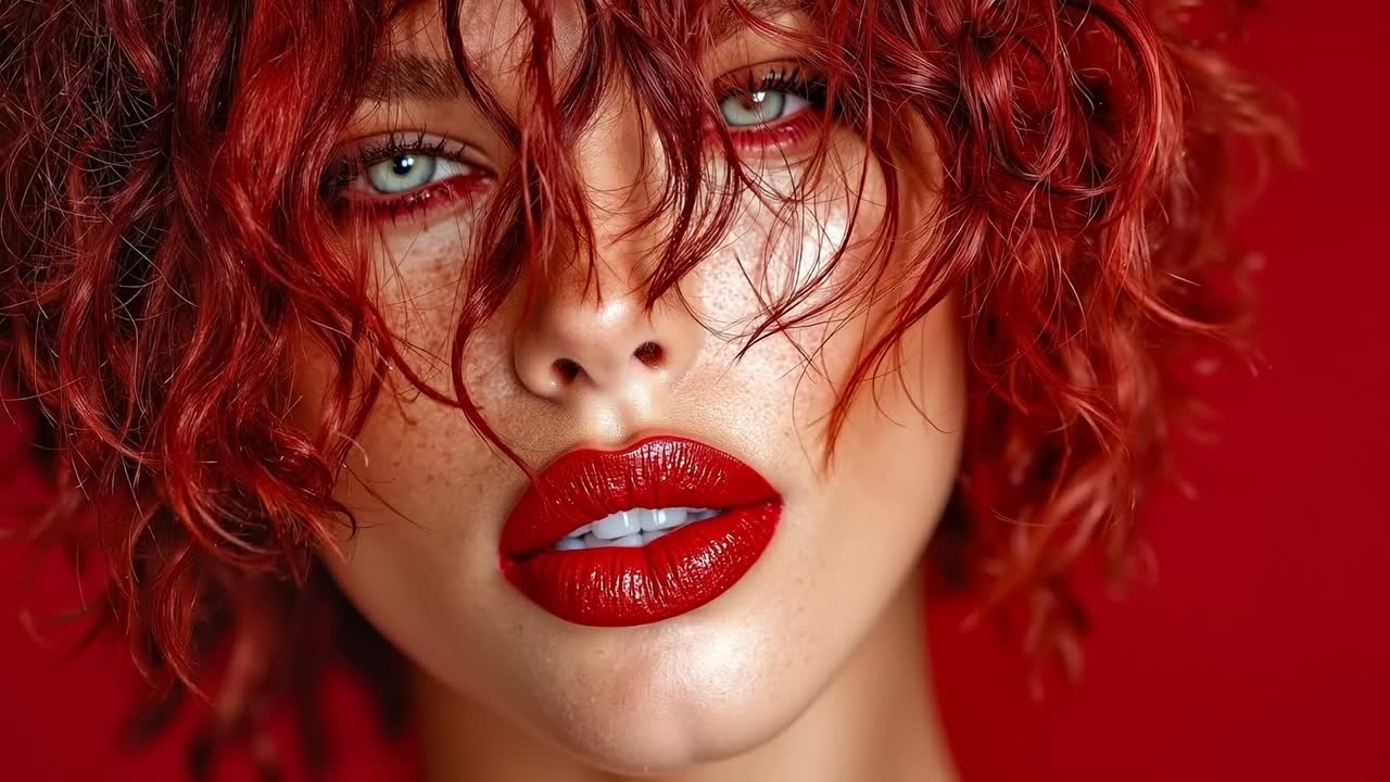 una mujer con cabello rojo y lápiz labial rojo