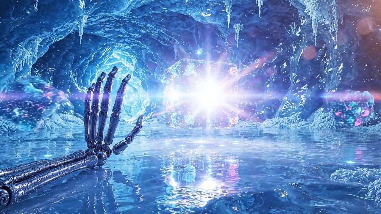 Una mano robotica si protende verso un cubo luminoso in una grotta ghiacciata, circondata da acqua scintillante e illuminata da riflessi colorati in un paesaggio surreale e futuristico.