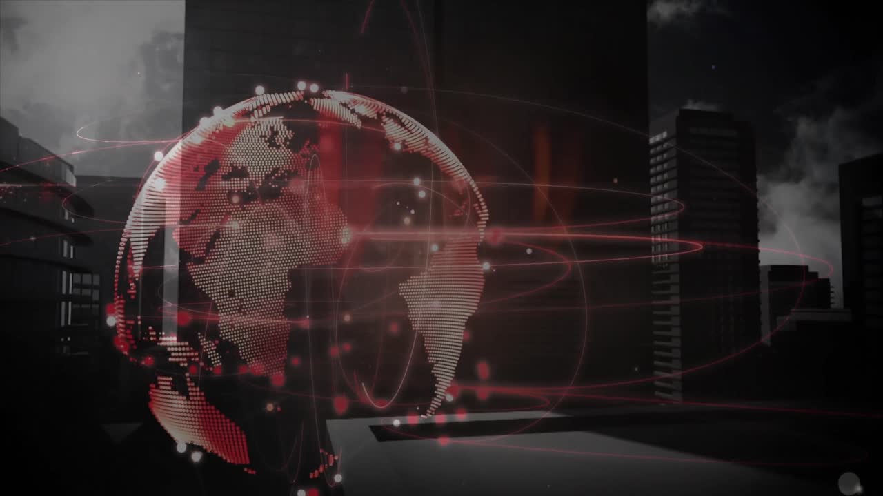 animación de patrones circulares y puntos alrededor del globo sobre edificios modernos contra un cielo nublado