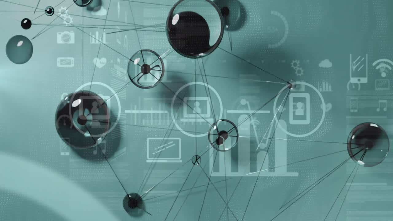 animación del procesamiento de datos e íconos a través de una red de conexiones con bolas de vidrio.