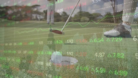 Animation-of-stock-market-data-processing-over-mid-section-of-a-man-playing-golf-at-golf-course