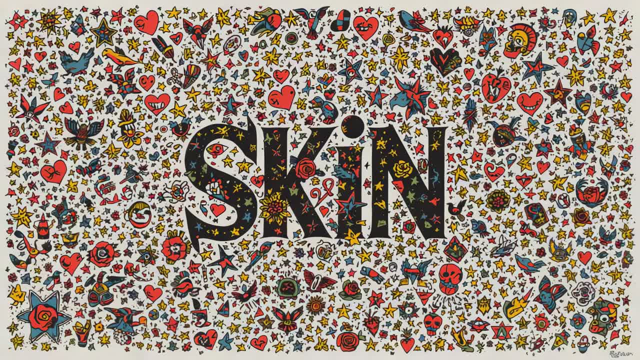 Zooming camera revealing bold SKIN lettering on closeup artwork, exposing tiny hearts stars skulls