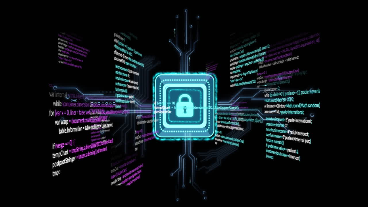 Cybersecurity lock icon over digital code and circuit board animation