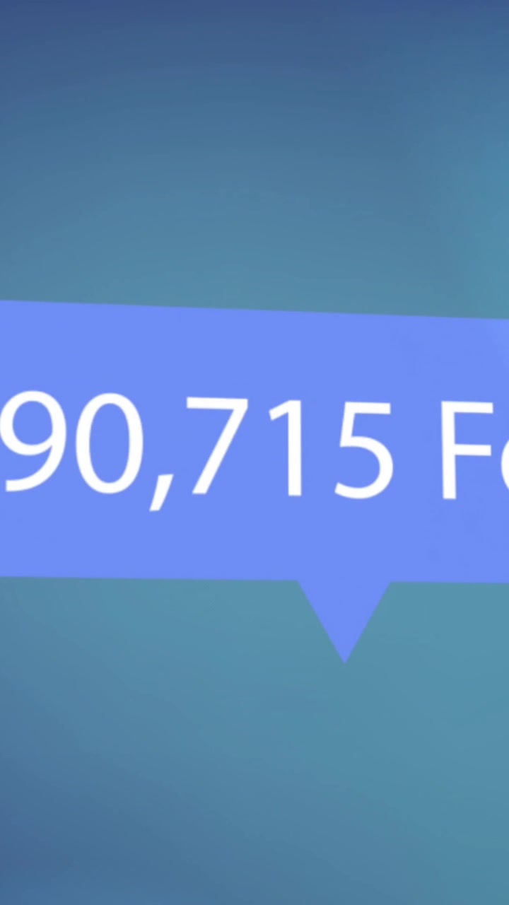 Testo "329.020 Follower" in animazione di fumetto blu su sfondo sfocato