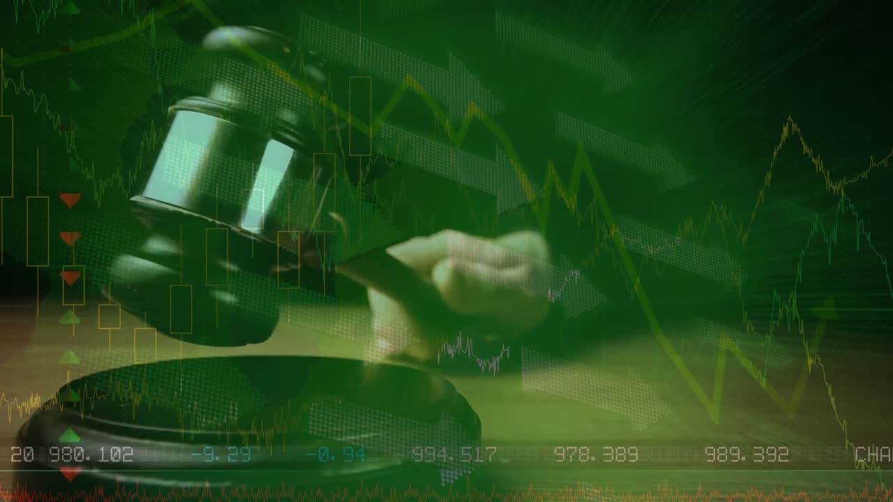 Animation of statistics and financial data processing over auctioneer's hammer