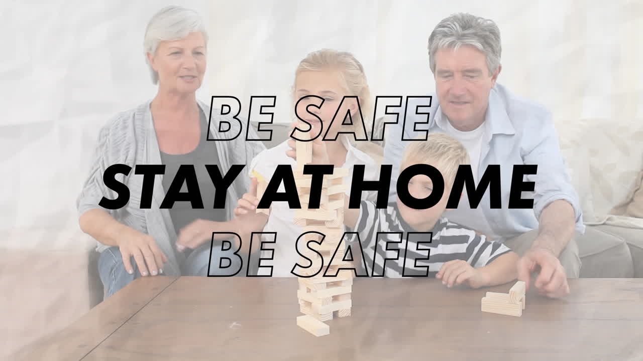 多世代の白人家族に社会距離を保つメッセージのアニメーション