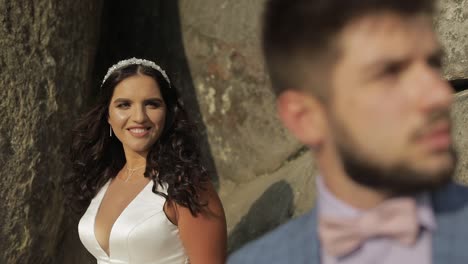 Groom-with-bride-near-mountain-hills.-Wedding-couple.-Happy-family-in-love