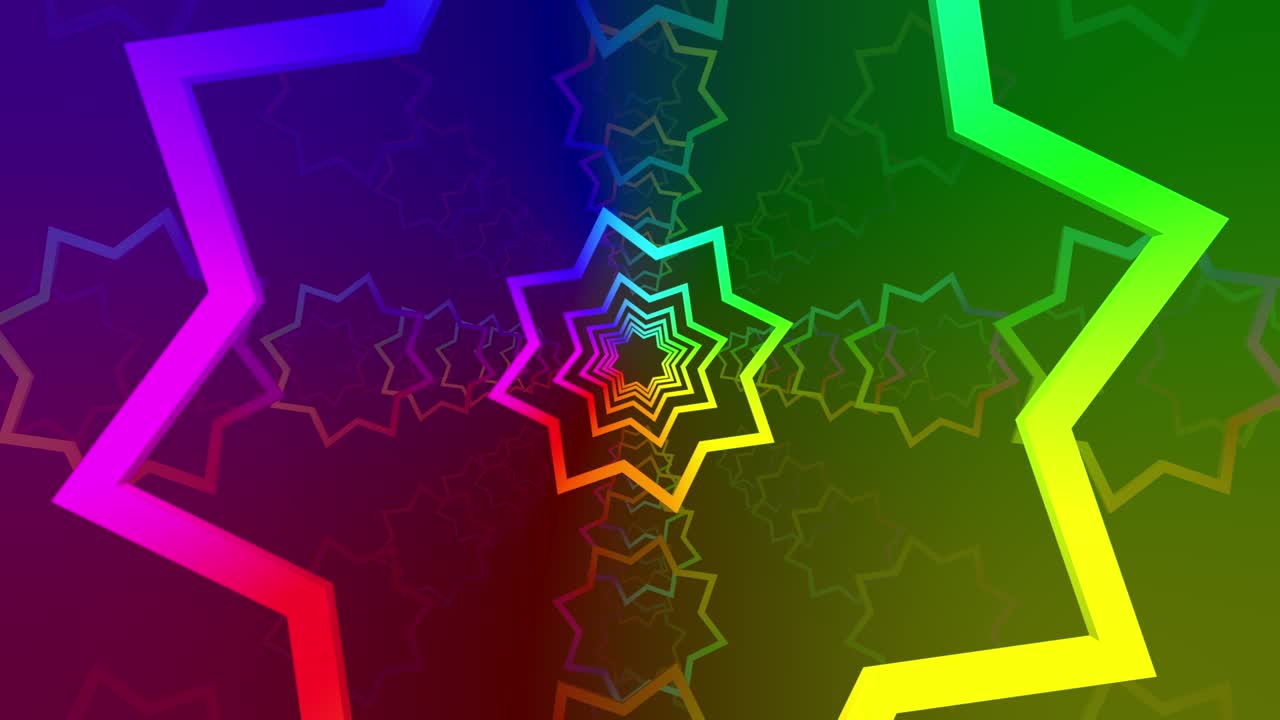 túnel de geometría abstracta en 3d. las formas de estrellas de arco iris de colores se mueven en perspectiva sobre un fondo negro vacío. espectáculo, vacaciones, concepto de actuación