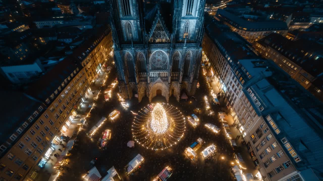 Aerial View of a Vibrant Christmas Market with a Stunning Illuminated Tree and Historic Cathedral, Bathed in Festive Lights and Surrounded by Cheery Visitors, Creating a Magical Winter Wonderland Atmosphere