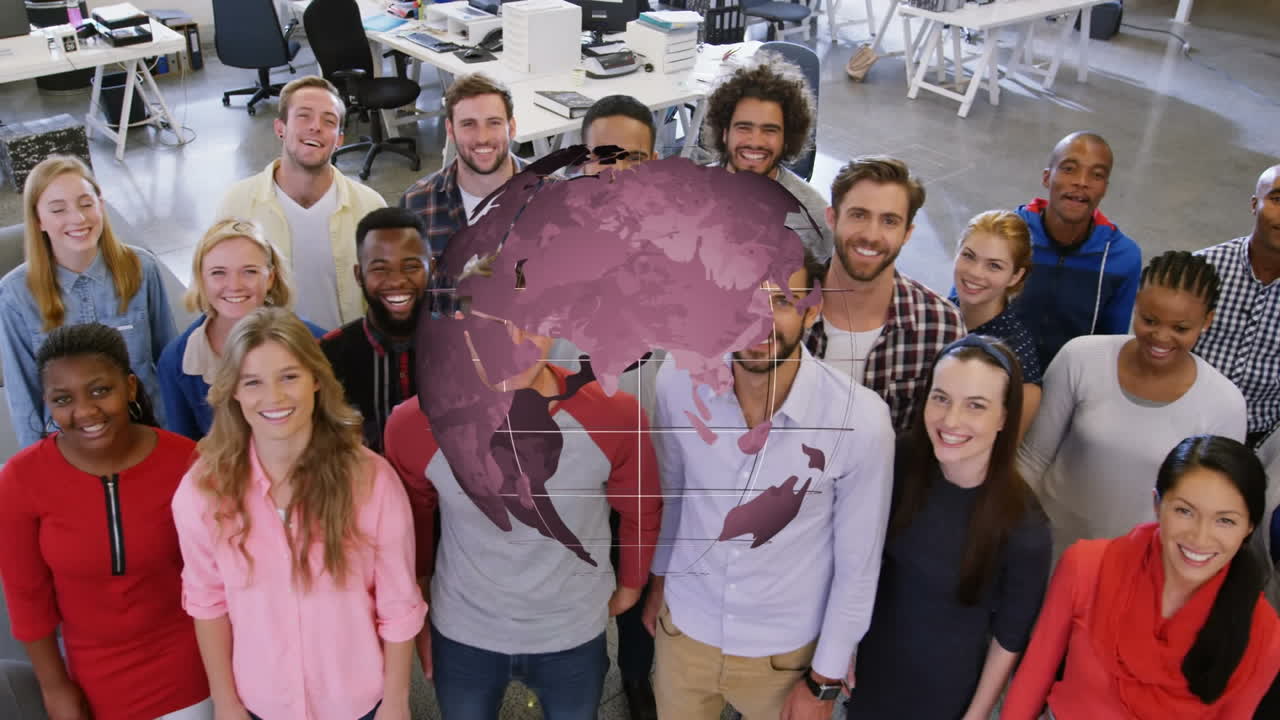 Animation of globe rotating over portrait of diverse creative colleagues at casual office