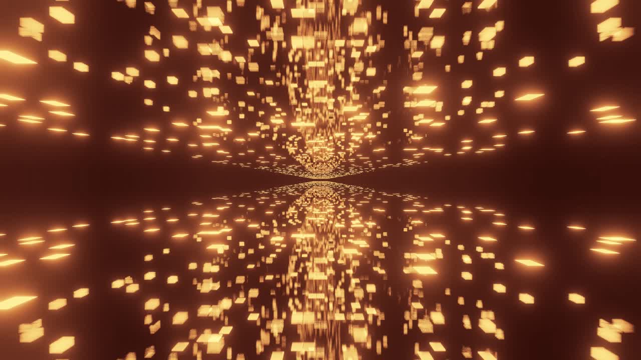 우주로 여행하는 컴퓨터 애니메이션으로 수많은 황금 입자가 천천히 움직여 우주를 조명합니다.