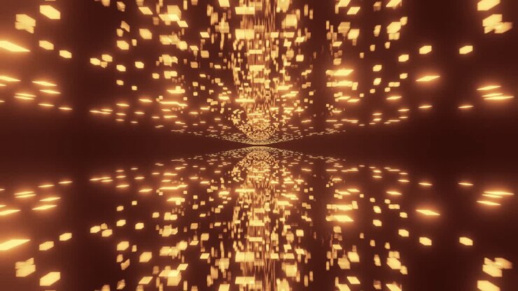 Animazione computerizzata di un viaggio nello spazio con numerose particelle dorate che si muovono lentamente e lo illuminano.