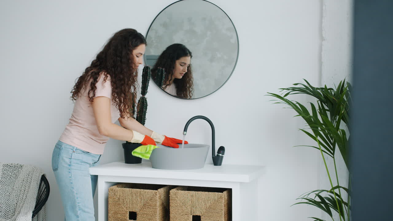 mujer limpiando el fregadero del baño