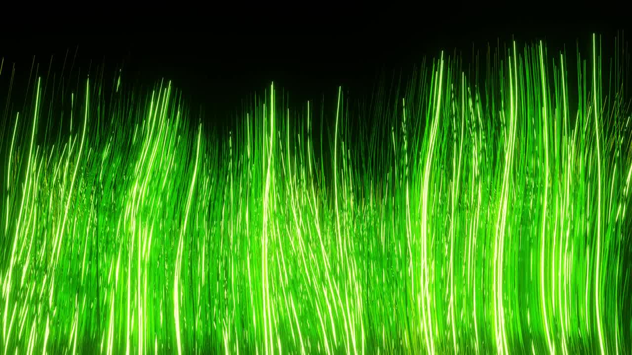 추상적인 물결 모양의 움직이는 초록색 잔디 또는 해조류 같은 머리카락과 검은색 배경에 황금색 하이라이트 4k 루프 모션 그래픽