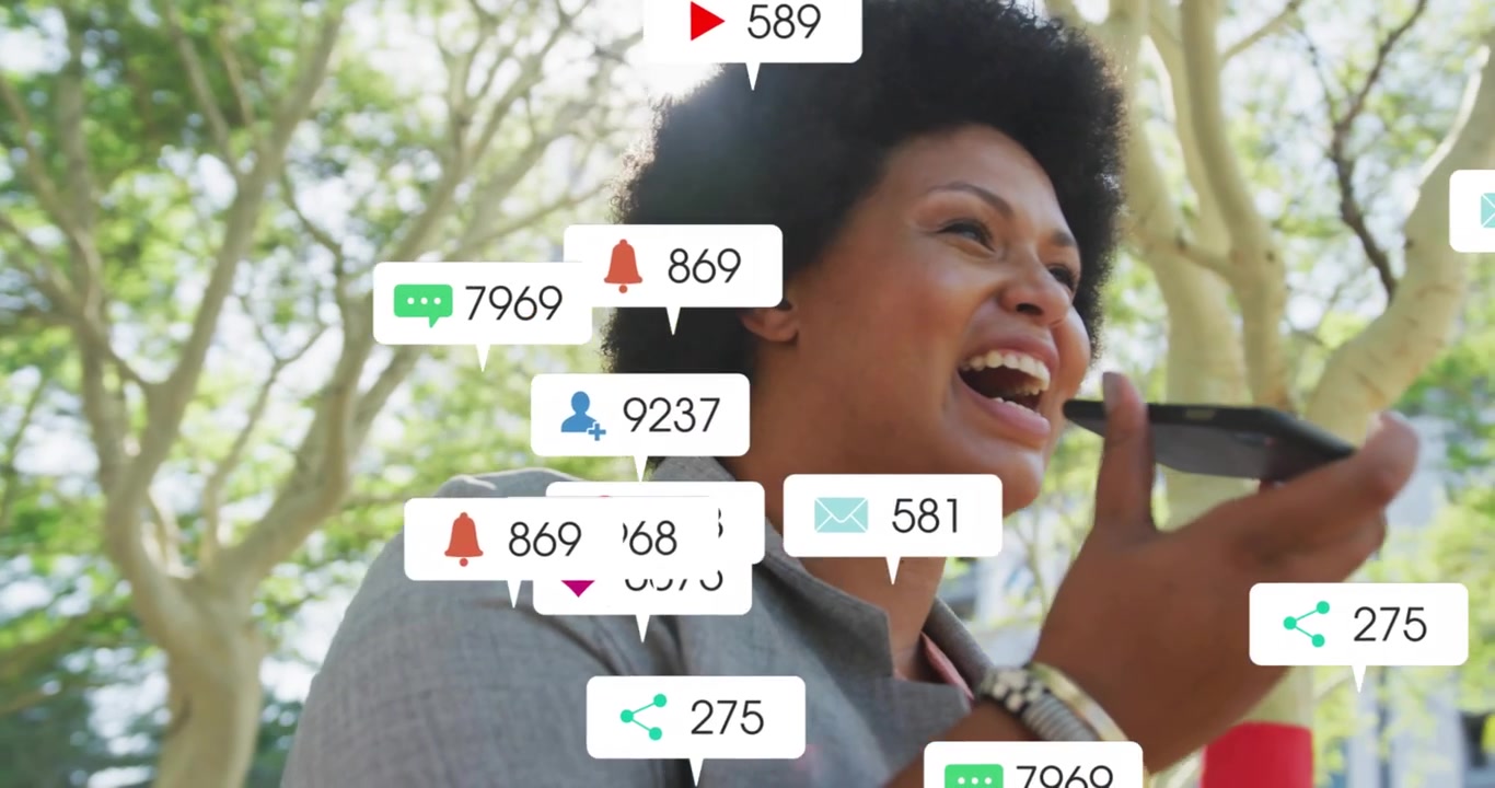 Woman Using Smartphone Outdoors with Social Media Notification Icons