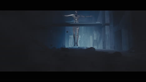 floating figure in a desolate cityscape