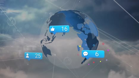 Animation-of-numbers-and-icons-in-message-box-over-globe-and-connected-dots-against-cloudy-sky