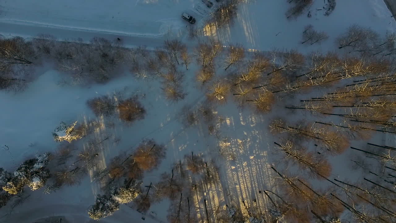 겨울 동안 반짝이는 하얀 눈으로 뒤덮인 번화한 도시의 숲 한 부분 위로 직접 날아가는 천천히 내려가는 나선형 공중 드론 샷
