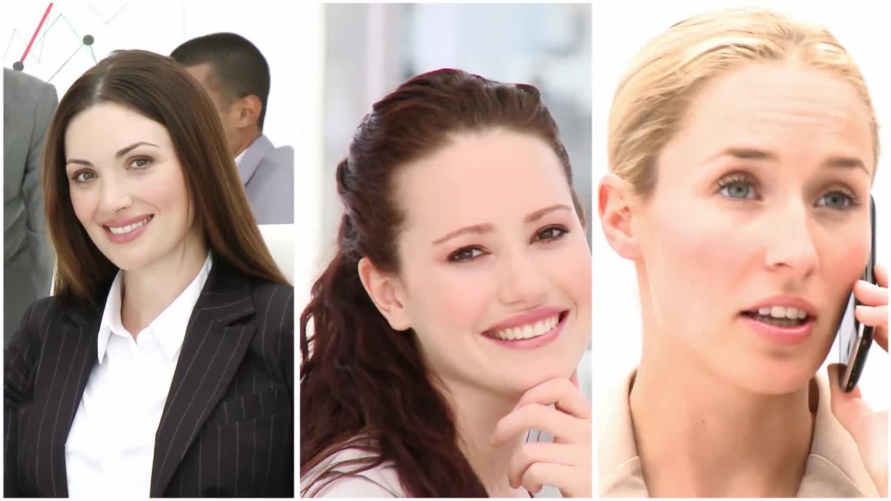 여성들이 일하는 모습을 보여주는 비디오 패널