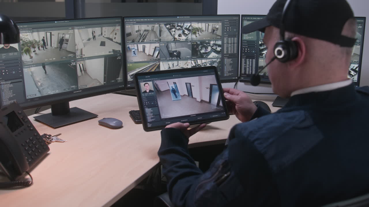 Security Guard Monitoring Multiple Cameras in Control Room