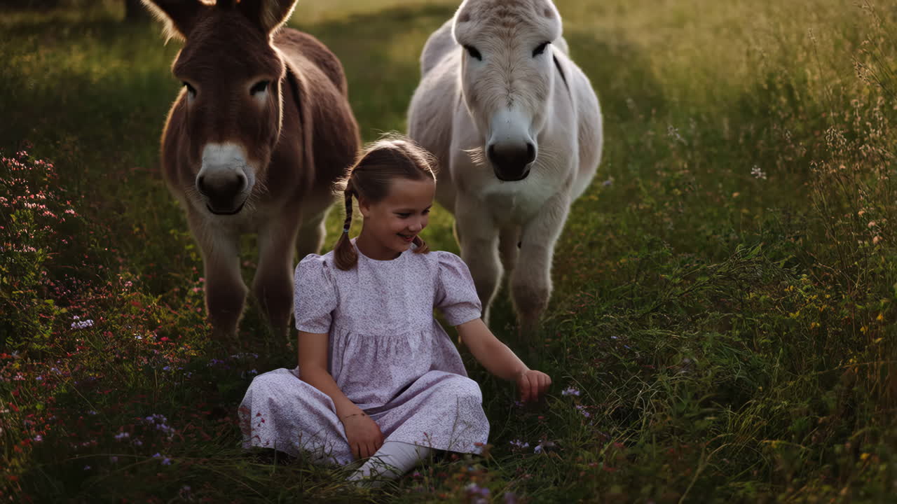 A young girl sits in a grassy field with two donkeys