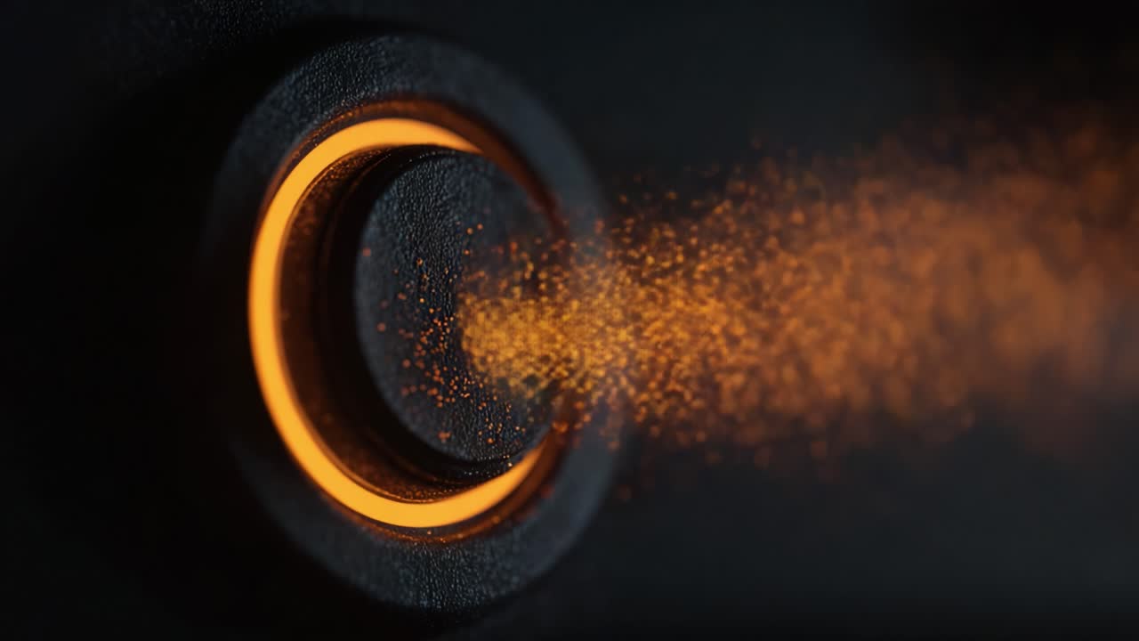 A Close-Up Exploration of a Dynamic Particle Ejection System: Captivating Visuals of an Orange Glow and the Intricate Details of Dust Particles Being Dispersed Into the Air