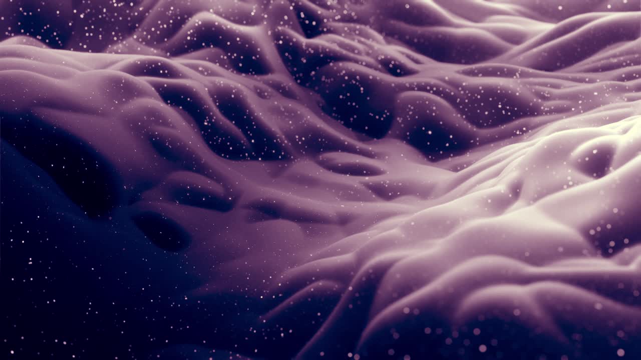 Abstract waves of soft black matte material with light inner glow and glitters on morphing surface. Abstract geometric surface like landscape or terrain, extrude or displace 3d noise. Loop 4k