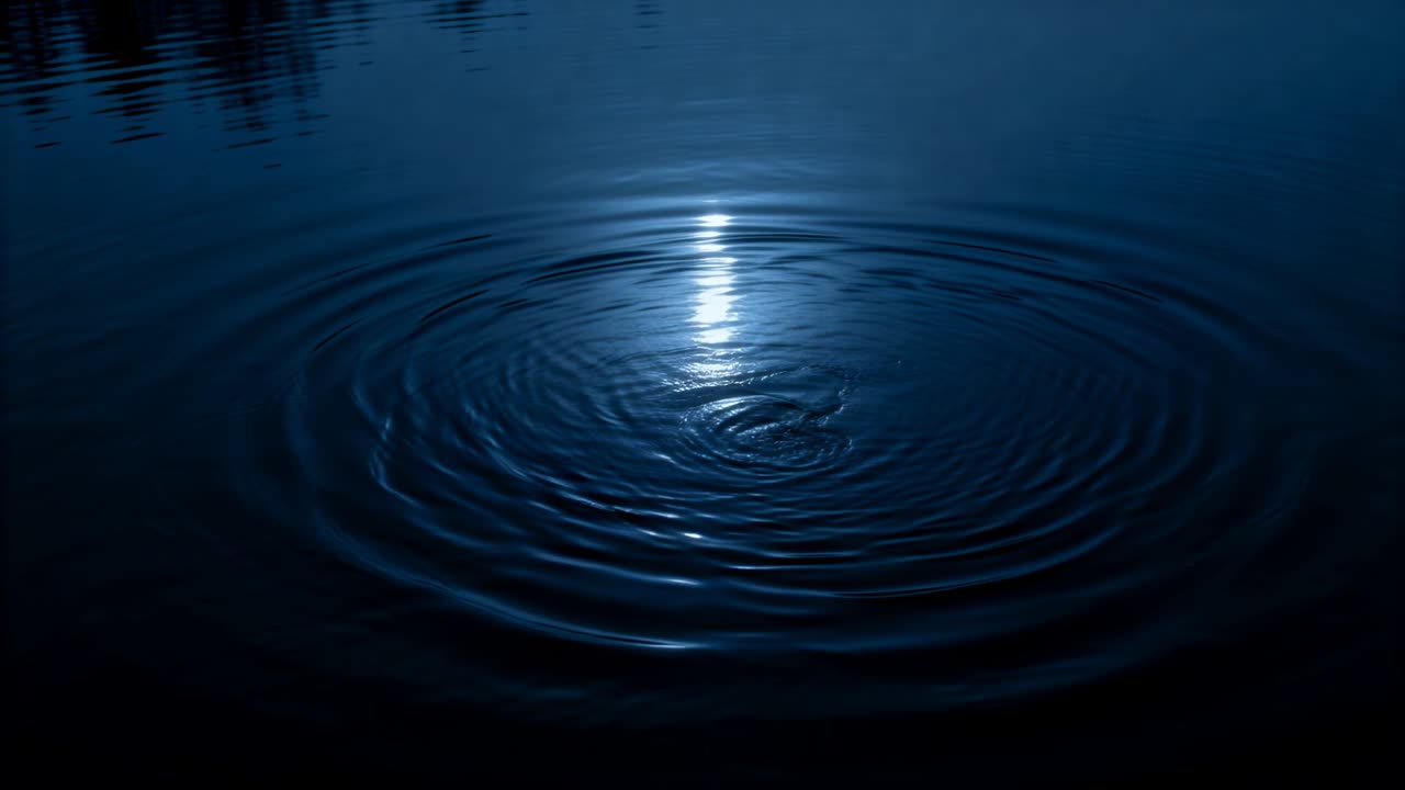 Increspature concentriche e un vortice si formano dall'impatto e si espandono su uno stagno di notte, con la luna e i bagliori degli alberi.