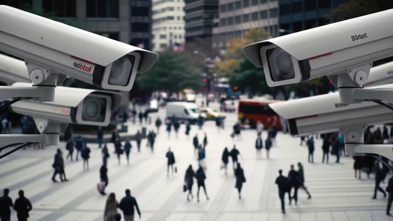 Urban Surveillance: A Glimpse into Modern Security Systems Overseeing Busy City Streets Filled with Pedestrians and Vehicles