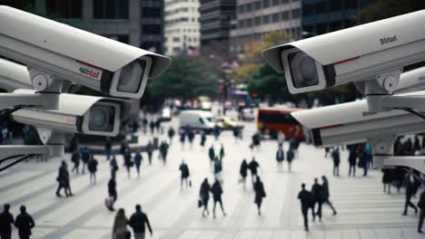 urban surveillance: a glimpse into modern security systems overseeing busy city streets filled with pedestrians and vehicles