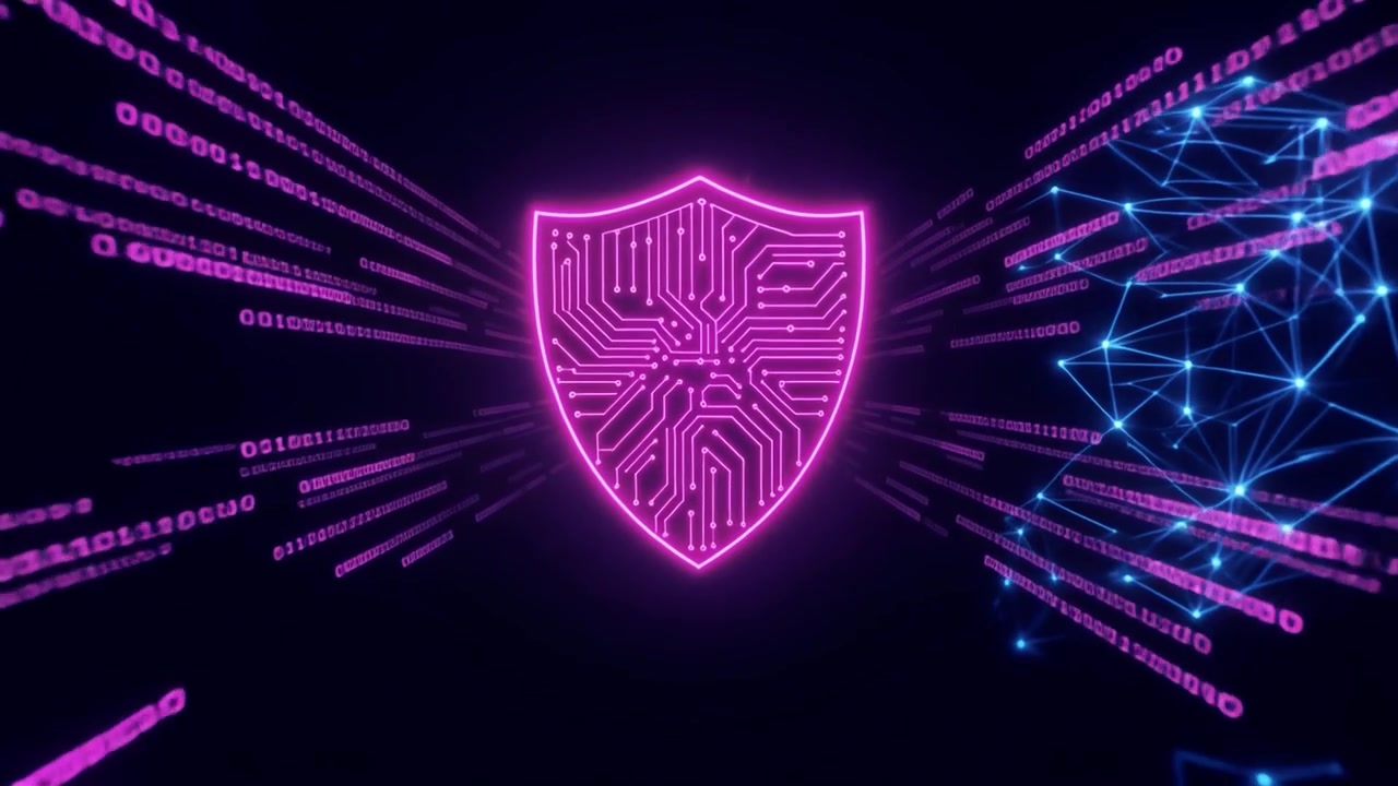 Glowing Cybersecurity Shield with Streaming Binary Code and Network
