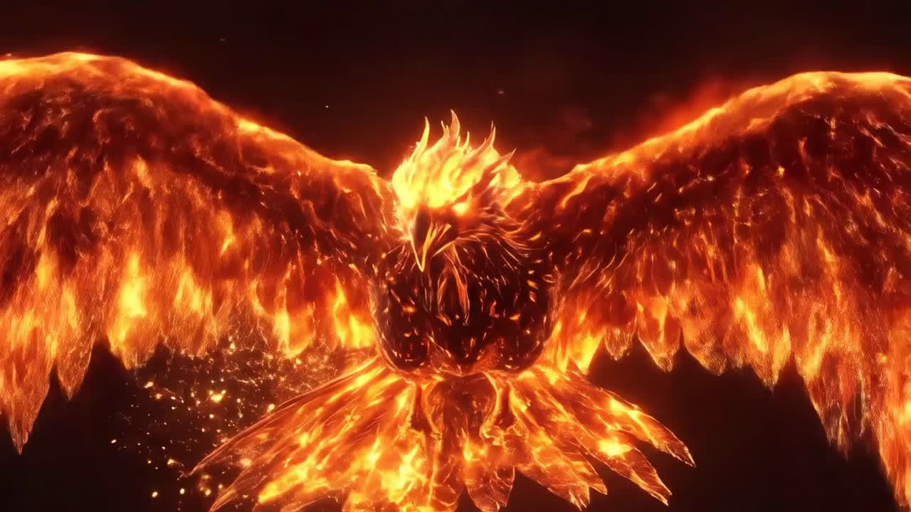 Maestosa Fenice infuocata che vola con ali luminose.