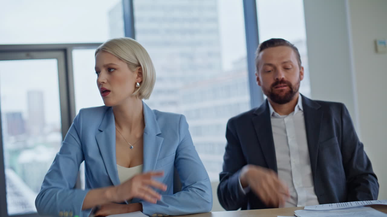 Furious teammates debating online conference on computer. Staff shutting device