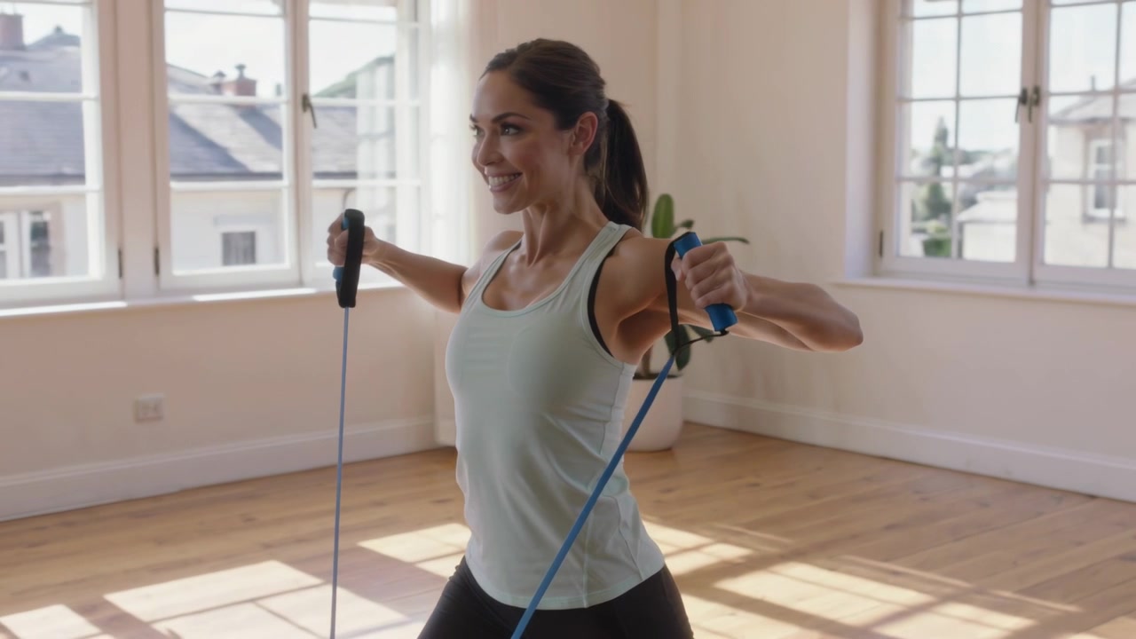 Mulher com os pés firmes, vestindo regata verde-menta e leggings escuras, puxando faixas com alças azuis em casa para um treino de braços